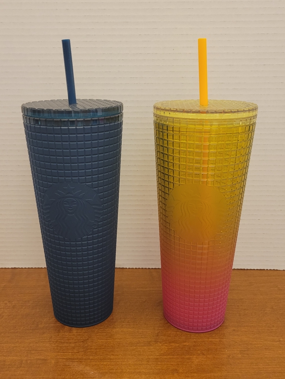 Starbucks Navy Blue and Yellow-Pink Ombre Studded Reusable Tumblers with Straws